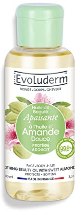EVOLUDERM - Huile de Beauté à l'Huile d'Amande Douce - Huile Végétale - Visage, Corps, Cheveux - 100 ml - 99,8% d’Origine Naturelle - Végan - Fabrication Française