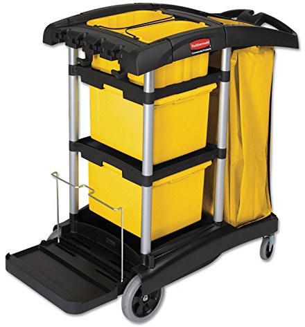 Rubbermaid Commercial Products High-Capacity Janitorial Cleaning Cart with Bins, Black, Zippered Vinyl Bag and Wheels, Transport Cleaning Supplies in School/Facility