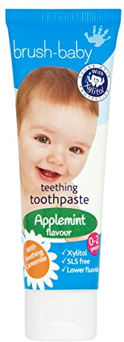 Brush-Baby Teething Toothpaste for Babies & Toddlers | Stage 2-Teething | 0-2 Years | Applemint Flavour. Xylitol & Fluoride for Strong Teeth, Healthy Gums & Fresh Breath | 50ml, Clear, (Pack of 1)