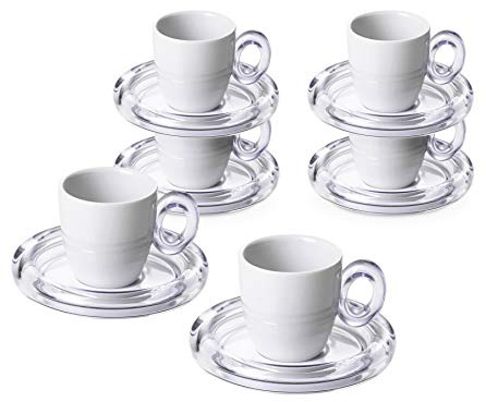 OMADA Set 6 Tazzine Caffè, in Porcellana, con Piattino e Manico in Acrilico | Tazzine da 90 ml in Porcellana per Caffè, con Piattino e Manico in Plastica Trasparente e Colorata