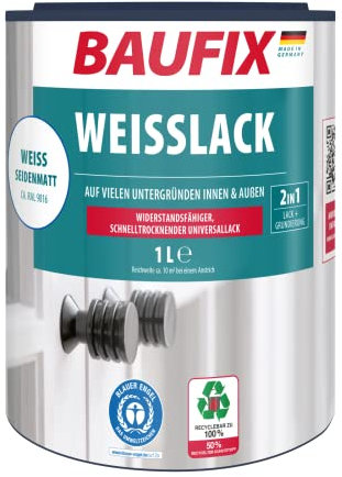 BAUFIX Weisslack, seidenmatt, 1 Liter,Lackfarbe, wasserbasierter weißer Lack, schnelltrocknend, vergilbungsbeständig, für Holz/Mauerwerk/Beton