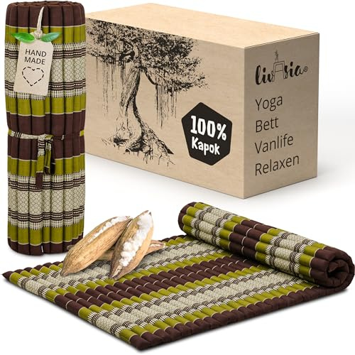 livasia Rollmatte Rollmatratze L breit bequem - 200x110x4,5cm - Gästebett Gästematratze 1 Person, Reisebett Kofferraum outdoor, Thaimatte Kapok Garten Balkon handgefertigt (Braun/Grün)
