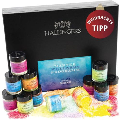Hallingers Männer-Wellness-Programm - 12er Badesalz-Geschenk-Set mit Totes Meer-Salzen (Set) - Geschenkideen Weihnachten & Geschenke Adventskalender | Glückwunsch Glückwünsche Neues Zuhause
