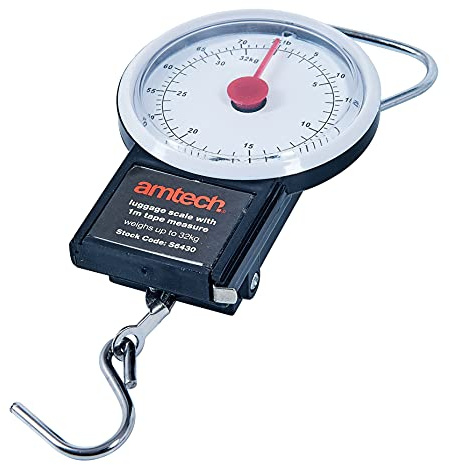 Amtech Luggage Scale with 1m Tape Measure, Weighs Up to 32kg with Compact Design, for Travel, Fishing and Package Weighing Tasks.