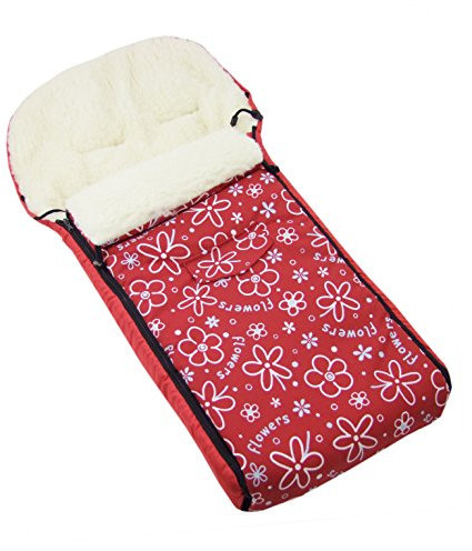 BAMBINIWELT universaler Winterfußsack (108cm), auch geeignet für Babyschale, Kinderwagen, Buggy, aus Wolle DESIGN (Flowers Rot)