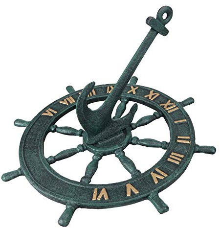 Quay GREEN CAST IRON SUNDIAL in the Shape of a Ships Wheel with Anchor - Great Nautical Garden Decor