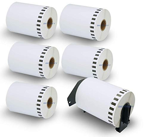 BETCKEY - 6 Rollen DK-22243 Endlose-Versandetiketten (Papier) Kompatibel mit Brother, 102mm x 30.48m, 6 Etiketten für Brother QL Etikettendrucker (1 Wiederverwendbare Etikettenhalter)