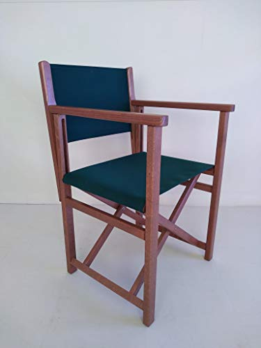 AUTENTICA SEDIA MINORCHINA – SEDIA DA REGISTA – SEDIA PIEGHEVOLE in LEGNO per ESTERNI COLOR BRANDY con TELA ACRILICA COLOR VERDE BOTTIGLIA