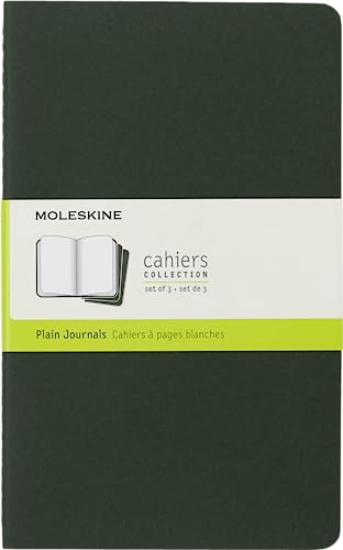 Moleskine Cahier Journal, Set 3 Quaderni con Pagine Bianche, Copertina in Cartoncino con Cucitura a Vista in Cotone, Colore Verde Mirto, Formato Large 13 x 21 cm