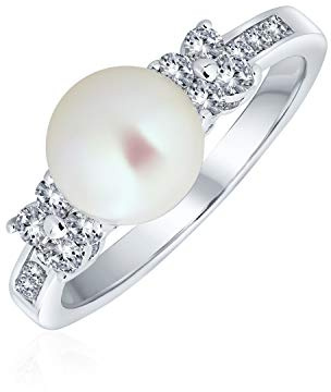 Bling Jewelry Traditional Timeless Wedding Pave CZ Band White Cultured Button Pearl Solitaire Engagement Promise Ring For Women Side Stones Silver Plated 8MM