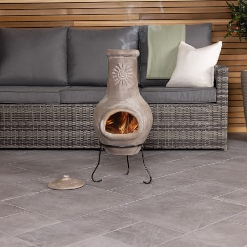 CHARLES BENTLEY Outdoor, Garden, Patio, Medium, Open Bowl, Natural Clay Chimenea, Patio Heater, Easy To Assemble, Rustic Finish, Sun Design, Burns Wood, Clay And Steel Stand, Weatherproof (80x35cm)