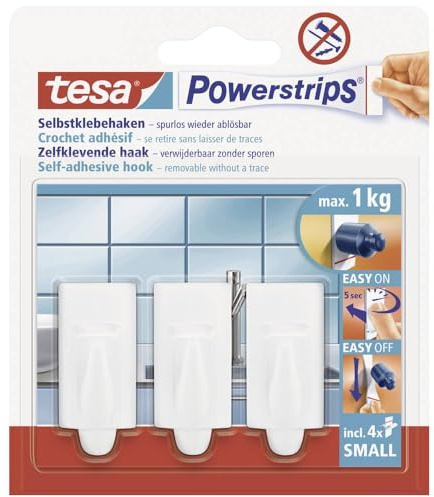 tesa Powerstrips Haken Small TREND - Weiß - 1 kg Halteleistung | 3 selbstklebende Wandhaken aus Kunststoff - für Glas, Kacheln, Holz, Kunststoff und andere Untergründe - spurlos ablösbar