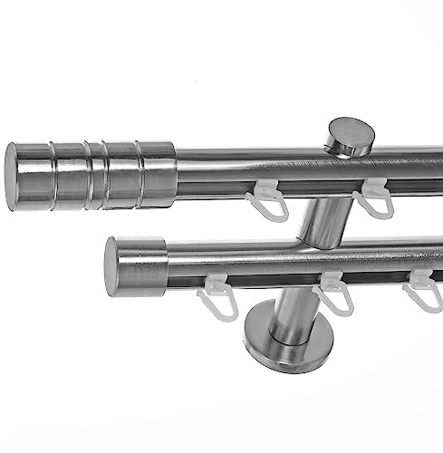 BASIT Gardinenstange Innenlauf Edelstahllook 20mm 2-läufig Wand 160cm H40 | Gardinenstangenset doppelläufig Wandmontage Metall Vorhangstange Wandhalterung 120-600cm wählbar Kappe Zylinder E34