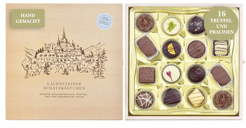 Lauensteiner - Scatola del tesoro, 200 g, 16 tartufi e cioccolatini, senza alcool, regalo in scatola di legno di faggio