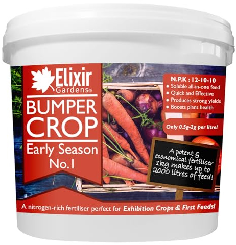Elixir Gardens Bumper Crop Soluble No.1 Early Season Plant Food | High Nitrogen First Feed Fertiliser | Perfect for Exhibition Crops | N.P.K: 12-10-10 + TE | Various Sizes 500g-20kg | 5kg Bucket