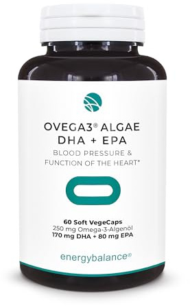EnergyBalance Ovega3 Algae DHA + EPA – 250 mg Algenöl mit 170 mg DHA & 80 mg EPA – Pflanzliches Omega-3 – Ohne Zusatzstoffe, Gelatinefrei, Vegan, Glutenfrei – 60 VegeCaps