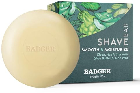Badger Shaving Soap Puck, Organic Moisturizing Shave Soap Bar, Rich Lasting Lather, Light Natural Scent, Plastic Free & Vegan Shave Soap for Men & Women, 3.15 oz Bar