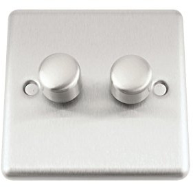 A5 Mains LED Light Dimmer Switch 250W 2 Gang - Satin Matt Chrome - Classic - Push On/Off 2 Way