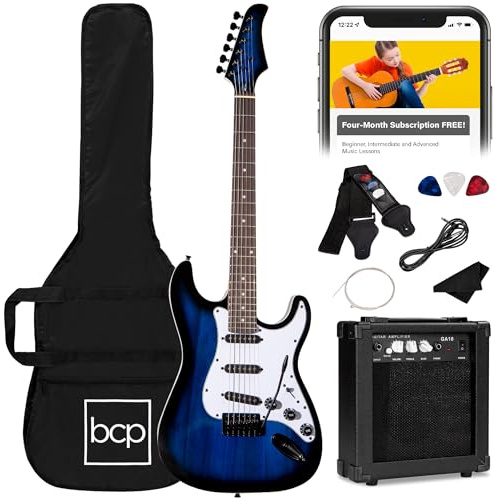Best Choice Products 39in Full Size Beginner Electric Guitar Starter Kit w/Case, Strap, 10W Amp, Strings, Pick, Tremolo Bar - Hollywood Blue