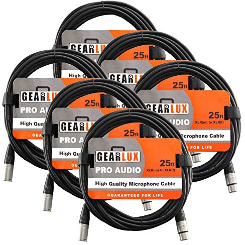 Gearlux XLR Microphone Cable, Fully Balanced, Male to Female, Black, 25 Feet - 6 Pack