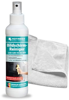 HOTREGA Bildschirmreiniger 250ml | Screen Cleaner für TV, Monitor, Fernseher | Streifenfreie, antistatische Bildschirm Reinigung |inkl. Microfasertuch