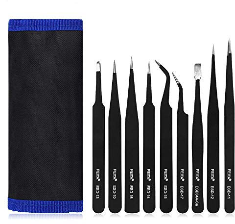 Precision Tweezer Set - FEITA Professional ESD Stainless Steel Anti Static Tweezers Kit for Electronic, Craft, Jewelry, Watchmakers, Hobby (Black 9 Pcs)
