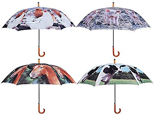 Esschert Design Bauernhoftiere Regenschirm, Nylon mit Holzgriff, Sortiment: Huhn, Schwein, Pferd, Kuh, Large, Modern, Tiere, Zufällige Auswahl, Rund, Bauernhoftiere, UMBRELLA