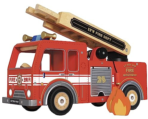 Le Toy Van - Pretend Play Wooden Fire Engine Toy Truck Vehicle Play Set Includes Firefighter Figure and Accessories | Fireman Playset For 3 Year Olds +, Red