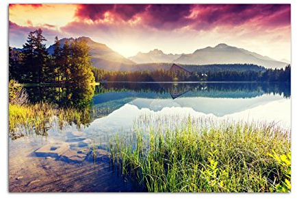 120x80cm - Fotodruck auf Leinwand und Rahmen Berge See Landschaft Natur Sonne Wolken - Leinwandbild auf Keilrahmen modern stilvoll - Bilder und Dekoration