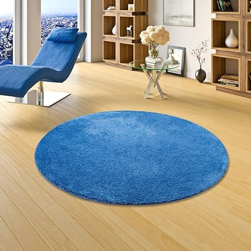 Palace Hochflor Shaggy Teppich Blau Rund in 7 Größen