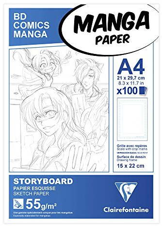 Clairefontaine 94037C Manga Block Storyboard (perfekt för tecken på manga och multitekniker, DIN A4, 21 x 29,7 cm, 100 ark, 55 g, med enkelt rutnät) vit