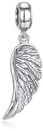Ciondolo a forma di ala di angelo custode, argento sterling 925, ciondolo a goccia con lavorazione piumata, adatto per braccialetti con charm di marche europee