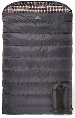 Teton Sports Fahrenheit Mammoth 0F/-18C - Sacco a Pelo Matrimoniale, Caldo e Confortevole, Sacco a Pelo Doppio, Ideale per Campeggio familiare, Sacco a Compressione Incluso, Grigio