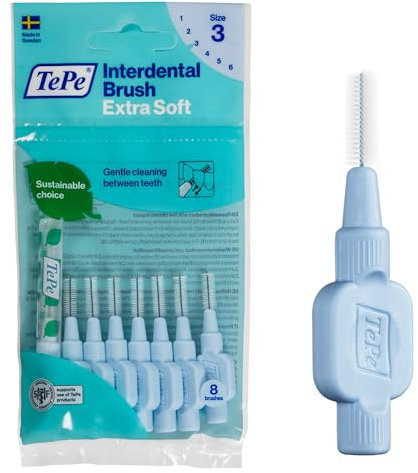 Scovolino TePe, Extra Soft, Blu, 0.6mm/ISO 3, 8pz, rimozione placca, pulizia interdentale efficace, per spazi medi