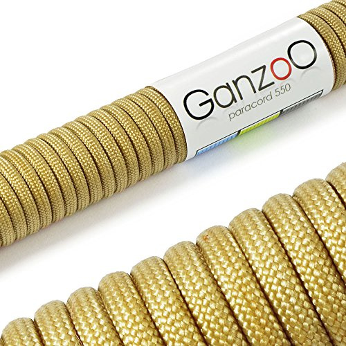 Ganzoo paracord fallskärmslina, kärnrep av nylon, rivtålig universallina för outdoor, camping och survival, guld, max 250 kg, totallängd 31 m/90 ft, för surrning, knopar och snörning, ej för klättring