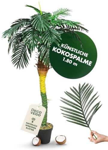 Decovego künstliche Kokospalme, Kunstpflanze,180 cm, Kunstpalme | pflegeleicht, allergikerfreundlich, immergrün, Innendekoration für Wohn- und Büroräume