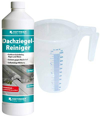 HOTREGA Dachziegel Reiniger Konzentrat 1L | Grünbelagentferner & Algenstopp | Selbsttätige Formel für Beton & Ton | Ergiebig bis 200m² | Inklusive Messbecher | Schutz von Zink- & Kupferdachrinnen
