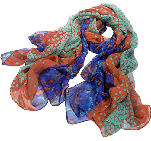 Avenella Extragrosser SEIDENSCHAL Seidentuch (ca. 180 x 110 cm) aus feiner glatter Chiffon Seide in modernem, farbenfrohem Design gedecktes Orange Türkise Punkte und Blau 100% Seide