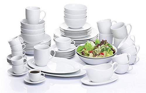 60pc Waterside White Porcelain Coupe Dinnerware Set; 6 Dinner Plates, Side Plates, Soup Bowls, Deep Bowls, Mugs, 220cc Cup & Saucers, 90cc Cup & Saucers, Gravy Boat & Stand & 2 Salad Bowls