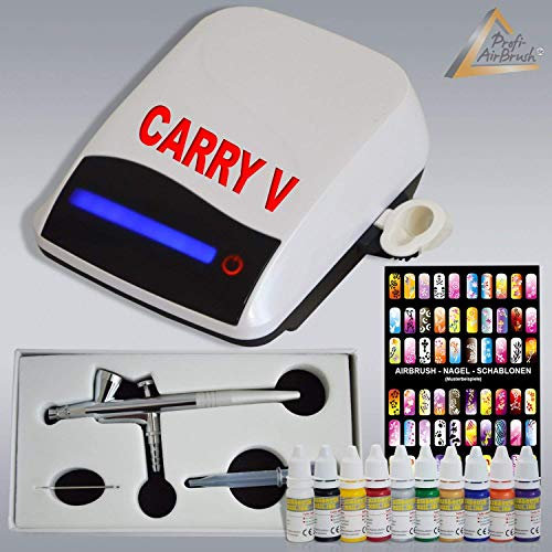 AMUR Set COMPRESOR AEROGRAFO Carry V con Set de Colores DE UÑAS y Set de Plantillas, COMPRESOR AEROGRAFO, Pistola AEROGRAFO Universal de acción Simple - 208D 0,4, Manguera de Aire comprimido