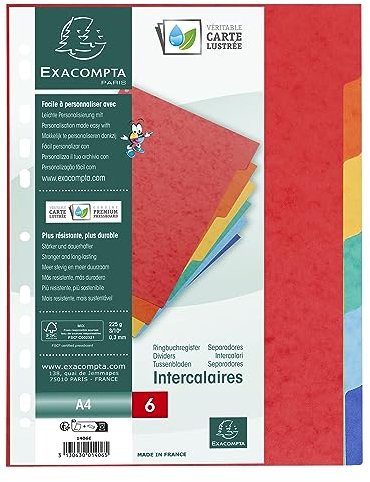 Exacompta 1406E Premium-Register für DIN A4 aus starkem Colorspankarton 6-teilig volle Höhe 22 x 29,7 cm vollfarbig 6 Farben mit Indexseite zum selbstgestalten Trennblätter Trennstreifen