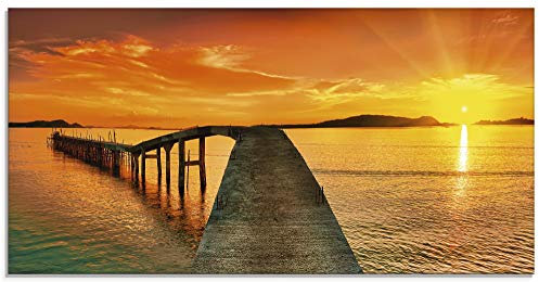 ARTland Wanddeko Glasbilder Wandbild Glas Bild einteilig 60x30 cm Querformat Strand Meer Küste Steg Himmel Natur Landschaft Sonnenuntergang Sommer T0BA