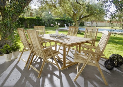 SAM Gartengruppe Kuba, 1x Gartentisch Kuba & 6 x Hochlehner Aruba, Garten-Möbel aus Teak-Holz, Garten-Set aus Massivholz, Garten-Tisch Esstisch mit Schirmloch, Ausziehtisch 180 – 240 x 100 cm