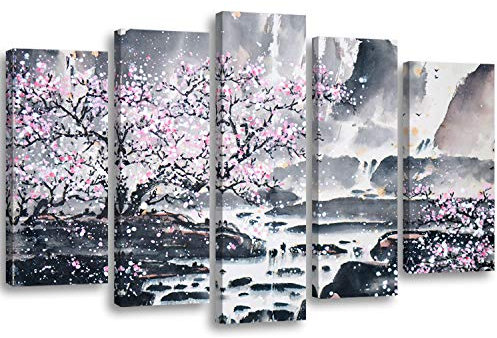 Feeby Bilder 5 Teile Kirschbaum 150x100 cm Typ A Wohnzimmer Schlafzimmer Büro Flur Küche Wandbilder Modern Bild auf Leinwand Wanddekoration Kunstdruck Design Rosa Grau