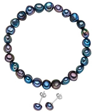 Valero Pearls Damen Set (Armband+Ohrringe) 925/- Sterling Silber | rhodiniert, Ohrstecker, Perlenarmband, Süßwasser-Zuchtperle, ca. 7,0 - 8,0 mm, dunkelblau, button, flexibel, ohne Verschluss