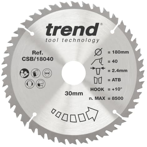Trend Wood Circular Saw Blade, 180mm Diameter, 30mm Bore, 40 Teeth, 2.4mm Kerf, +10° Hook, TCT, Fine Finish, CSB/18040 | TCT Blade With +10° Hook Angle And 2.4mm Kerf For Smooth Cutting And Fine Finish On Wood, CSB/18040