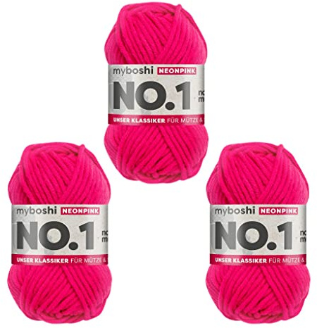 myboshi No.1 Wolle zum Häkeln und Stricken, Schnellstrickgarn, langlebige Mützenwolle, Strickwolle, Häkelwolle, mulesing-frei, 50g, Ll 55m Neonpink 3 Knäuel