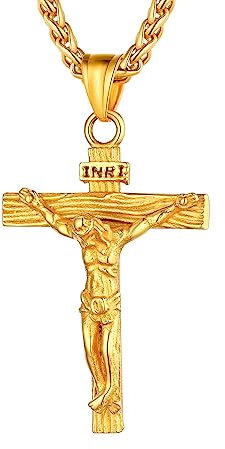 U7 Chaine Homme doré Croix Jésus Collier Pendentif Latin Cross Crucifix Catholique Charm Croix INRI pour Garçon Cadeau Fête des Pères Noël