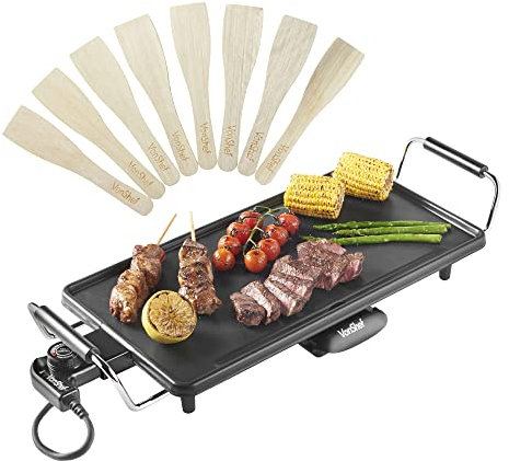VonShef Teppanyaki Grill Large - 2000W Electric Griddle with Non-Stick Plate, Easy Clean BBQ Table Top Grill, Adjustable Temperature, Oil Drip Tray & 8 Spatulas - Meat, Vegetables & Fish, 46x26x10cm