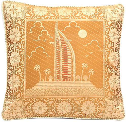 Golden Indische Seide Deko Kissenbezüge mit Umrandung - 40 cm x 40 cm, Extravaganten BURJ AL ARAB Design für Wohnzimmer und Schlafzimmer Dekor, Kissenhülle aus Indien. Angebot gültig solange der Vorrat reicht